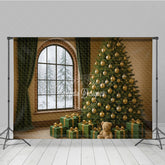 Aperturee - Aperturee Cozy Christmas Room Photography Backdrop Snowy Window with Green and Gold Tree Elegant Holiday Photo Background